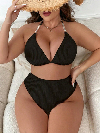 MakeMeChic Women's Plus Size 2PC Halter Triangle Bikini High Waist Black Size L