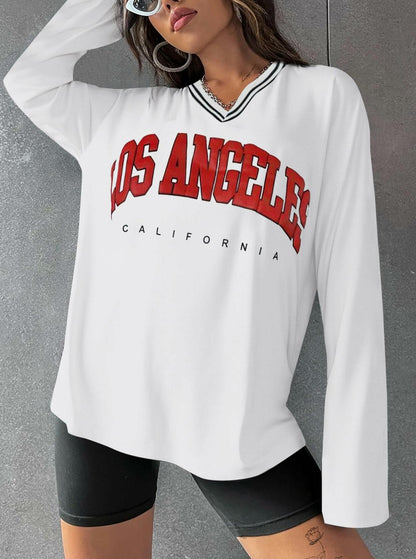 Hilinker Women's Oversized Graphic V Neck Long Sleeve Tee White Red Size L