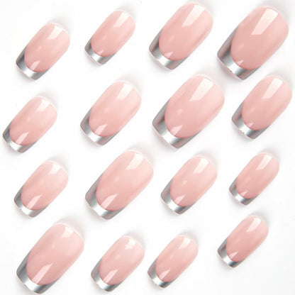 SHANRUN Pink Press On Nails Short Square Silver French 24 Pcs