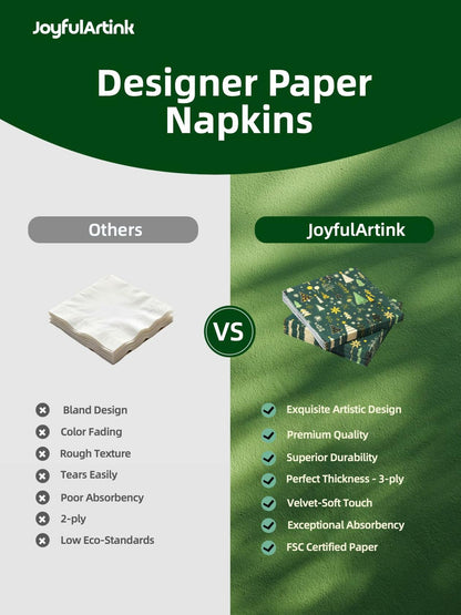 JoyfulArtink 3-Ply Paper Napkins 6.5x6.5in 50 Count Festive Forest Green