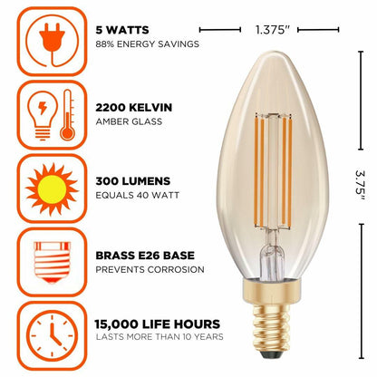 GoodBulb 5W E12 Clear Golden LED Chandelier Bulbs 2200K 300LM 6 Pack