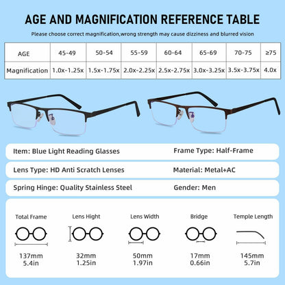 Anourney 3-Pack Men’s Reading Glasses +2.25 Metal Half Frame Blue Light