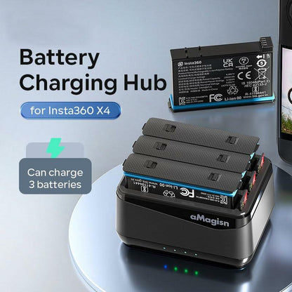 GAEKOL Insta360 X4 3-Slot Battery Charging Hub USB-C Cable Black