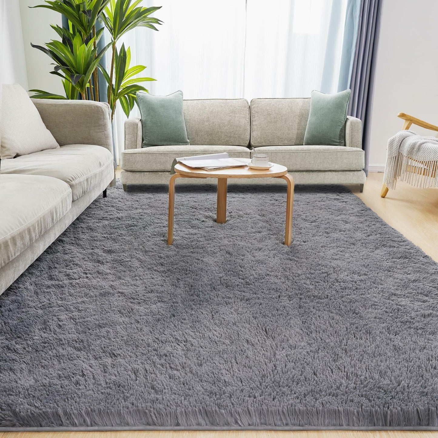 Puremy Grey Round Fluffy Rug 5ft Non-Slip Carpet for Kids Nursery Room