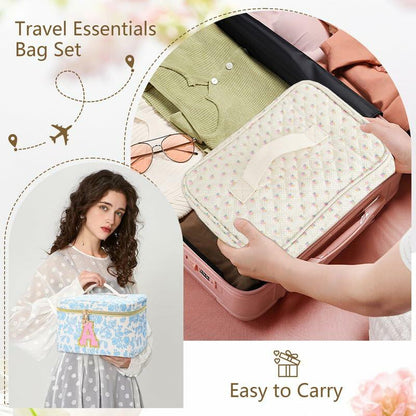 DOSUKE 3 PCS Travel Makeup Bag Set Floral Quilted Cotton Flower