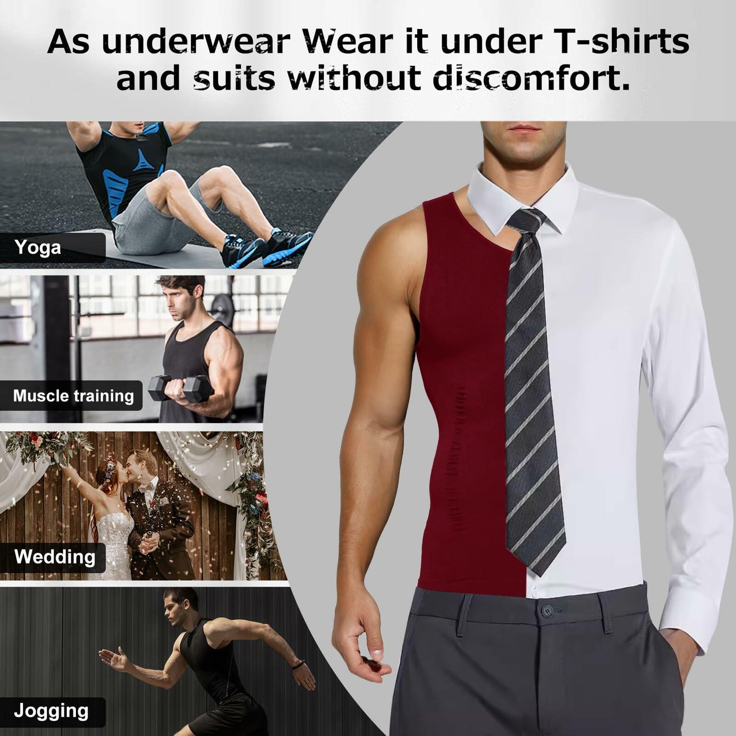 Casey Kevin Men’s Sleeveless Compression Shirt – Shapewear Vest Small, Wine Red