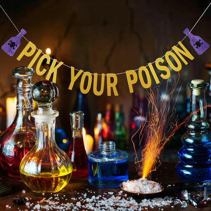 LeeSky Gold Glitter Pick Your Poison Halloween Party Banner Paper Letter Print