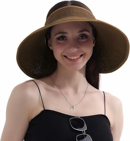 Wide Brim Straw Sun Hat Women Summer Beach Vacation Foldable Coffee Ribbon