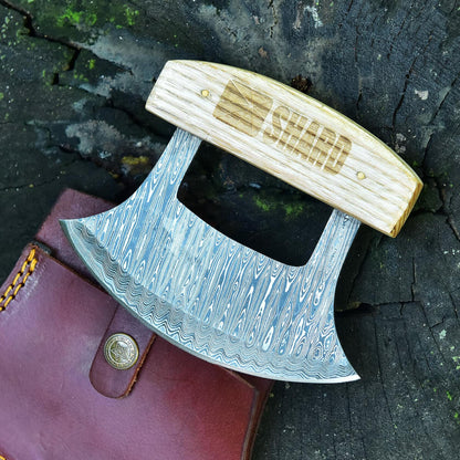 Handmade Damascus Steel Ulu Knife – Multi-Purpose Kitchen Blade with Sheath