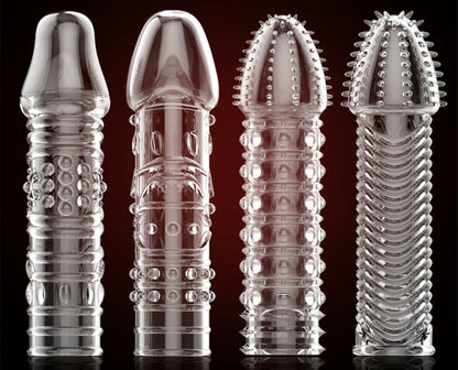 4PCS Threaded Male Condoms Transparent Fine Ring Extended Sleeve Adult