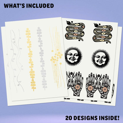 Tattly Metallic Festival Temporary Tattoos 20 Pieces Skin-Safe Vegan Ink