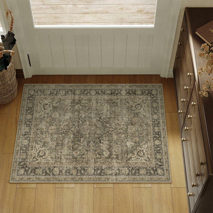 WondRg 2x3 Washable Non-Slip Low Pile Vintage Area Rug Beige