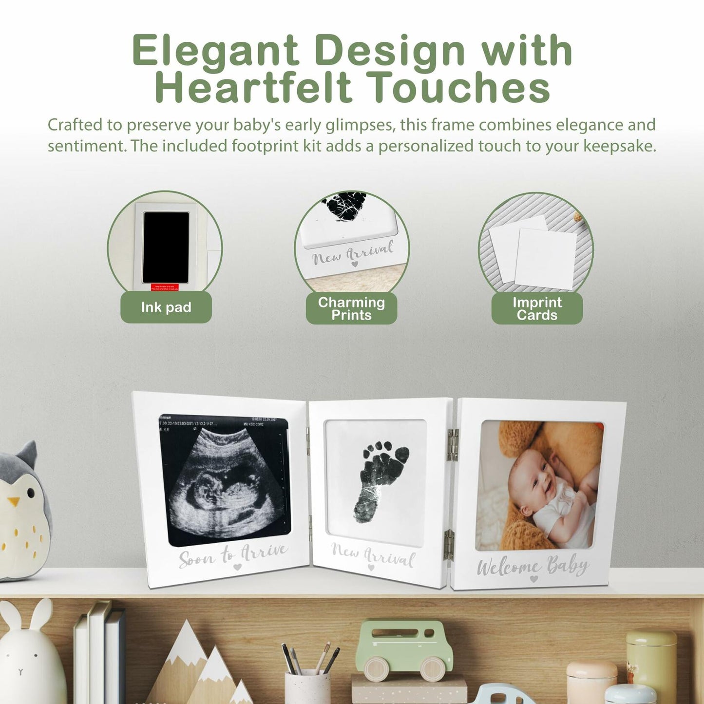 Sonogram Picture Frame with Inkless Hand Footprint Kit Gender Neutral Baby Decor