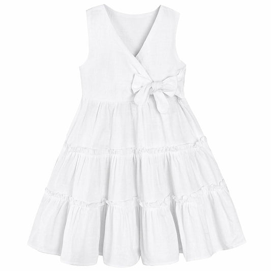 TIMOGG Toddler Girl Sleeveless Linen Cotton Dress Bow White Size 3-4T