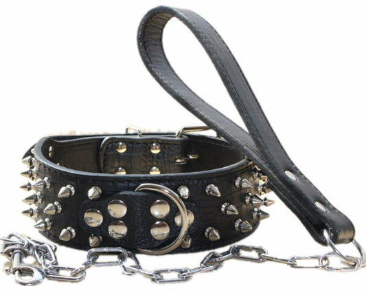 haoyueer Leather Spiked Studded Dog Collar & Chain Leash Set XL Black