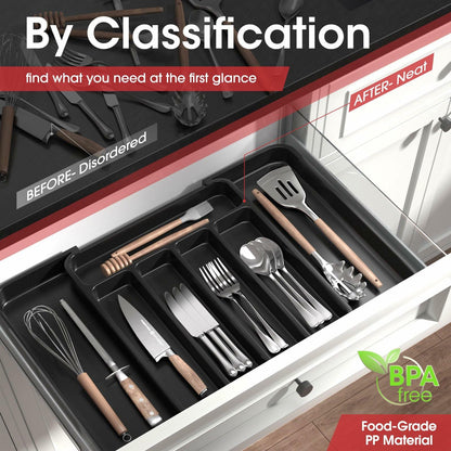 Aujen Expandable Silverware Organizer Kitchen Drawer Tray Black Medium