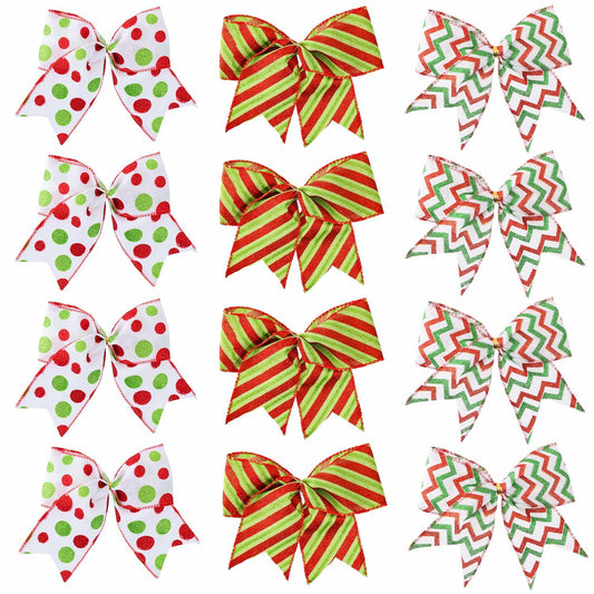 PEMIDA 12 Pcs Wave Stripe Christmas Bows 5 Inch Red Green Dots