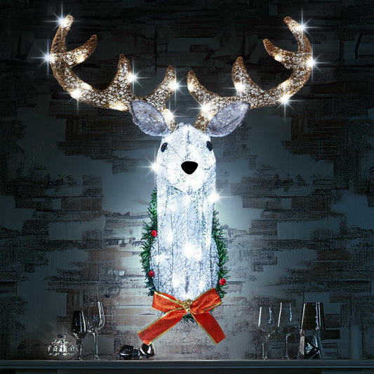 Hourleey 32" Lighted Christmas Reindeer Head Wall Decor Battery Operated White