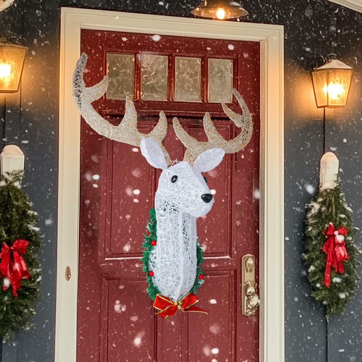 Hourleey 32" Lighted Christmas Reindeer Head Wall Decor Battery Operated White