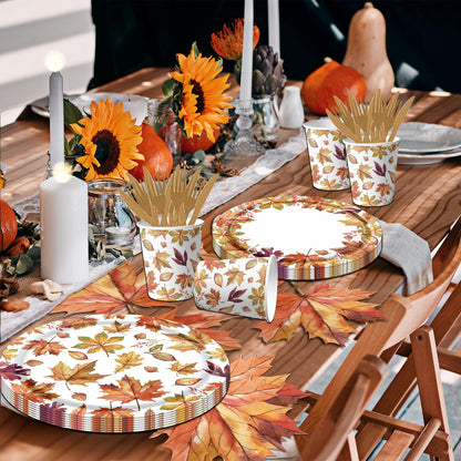 Guzbewu Fall Leaves Paper Plates Napkins Set 142pcs Orange White Autumn