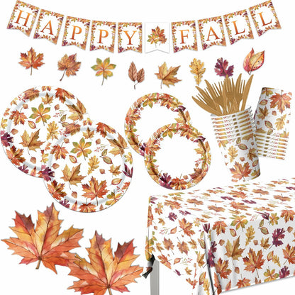 Guzbewu Fall Leaves Paper Plates Napkins Set 142pcs Orange White Autumn