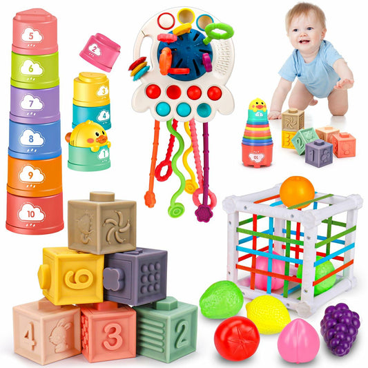 Qirptey Montessori Baby Toys Infant Pull String Stacking Cups Multicolor