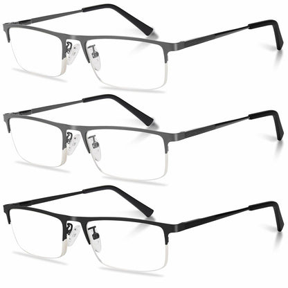 Anourney 3 Pack Mens Reading Glasses Metal Half Frame Blue Light +2.75