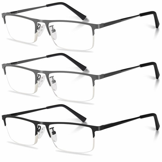 Anourney 3 Pack Mens Reading Glasses Metal Half Frame Blue Light +2.75
