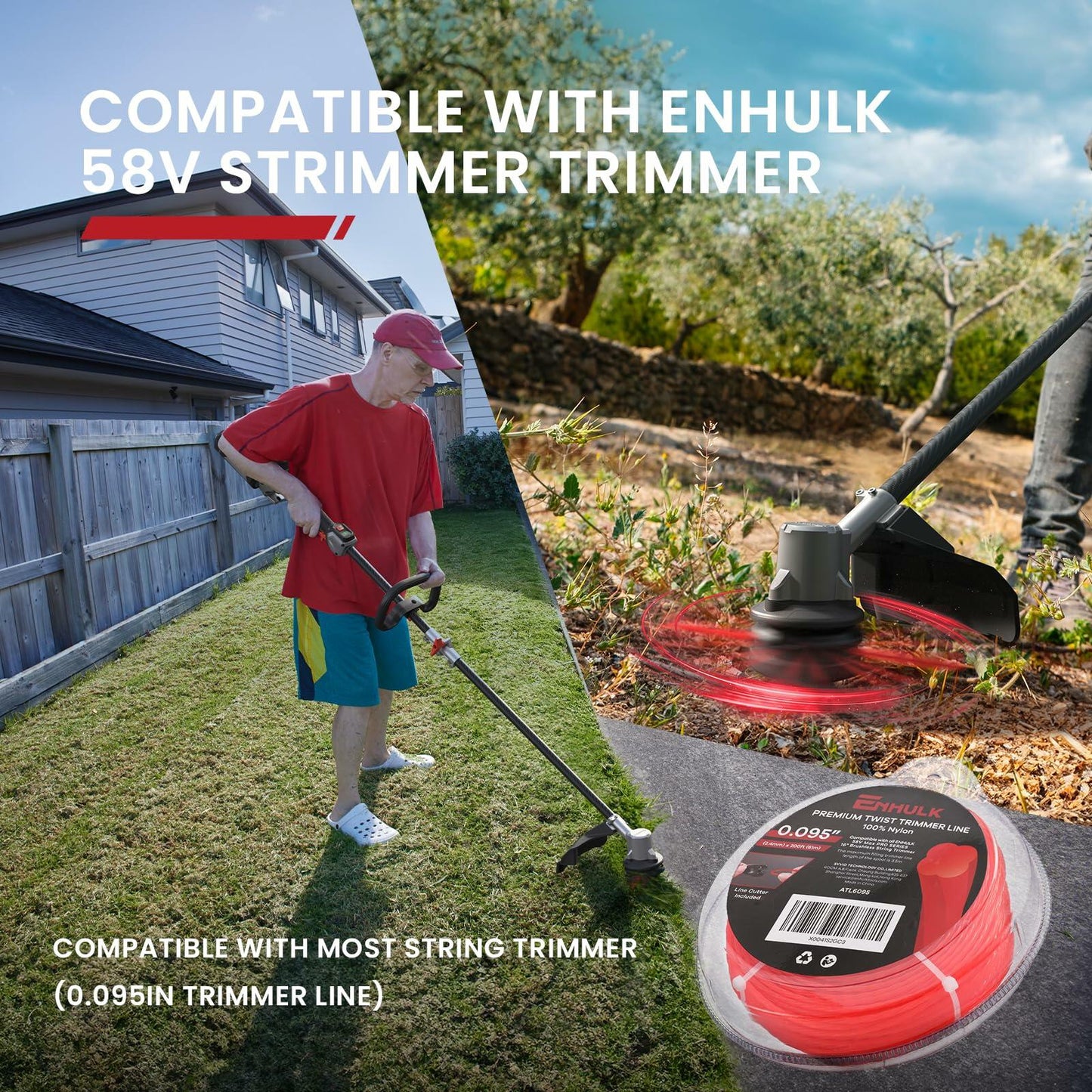 Enhulk 0.095'' Red Weed Eater Trimmer Line 200ft High Tensile Strength