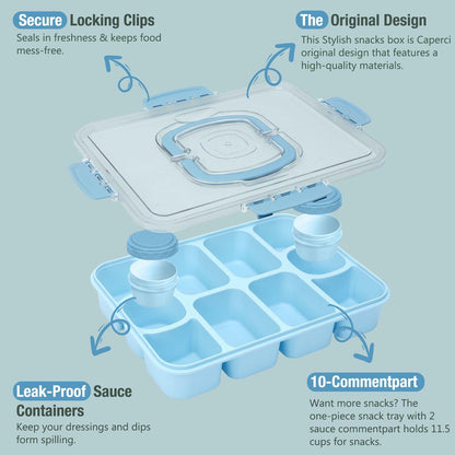 Caperci Snackle Box 10-Compartment Tray with Lid Handle Sky Blue BPA-Free