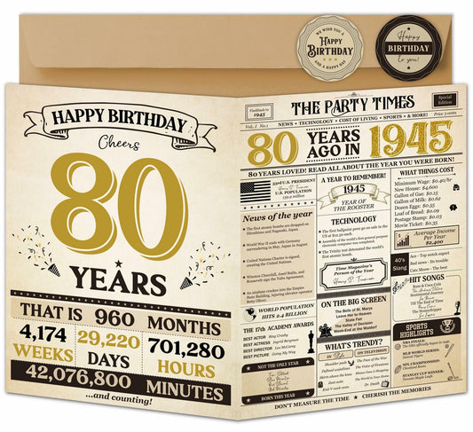 Vintage Happy 80th Birthday Card Decorations Gifts for Men Women Grandpa Grandma