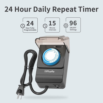 TiFFCOFiO Outdoor Waterproof Timer 24H Mechanical 2 Outlets 15A Heavy Duty