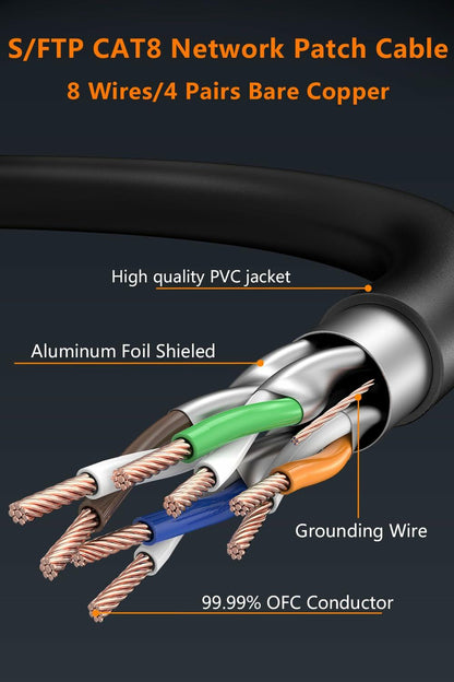 Qiuean Cat 8 Ethernet Cable 1.5ft Black RJ45 Shielded Patch Cord LAN