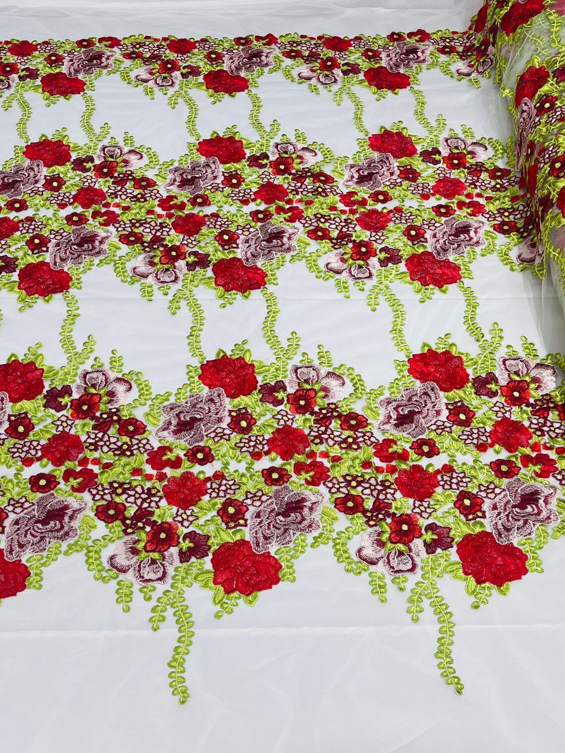 Roses Multi Color Floral Design Embroider On Mesh Lace Fabric| New Creations Fabric & Foam Inc.