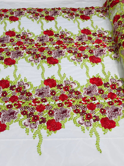 Roses Multi Color Floral Design Embroider On Mesh Lace Fabric| New Creations Fabric & Foam Inc.