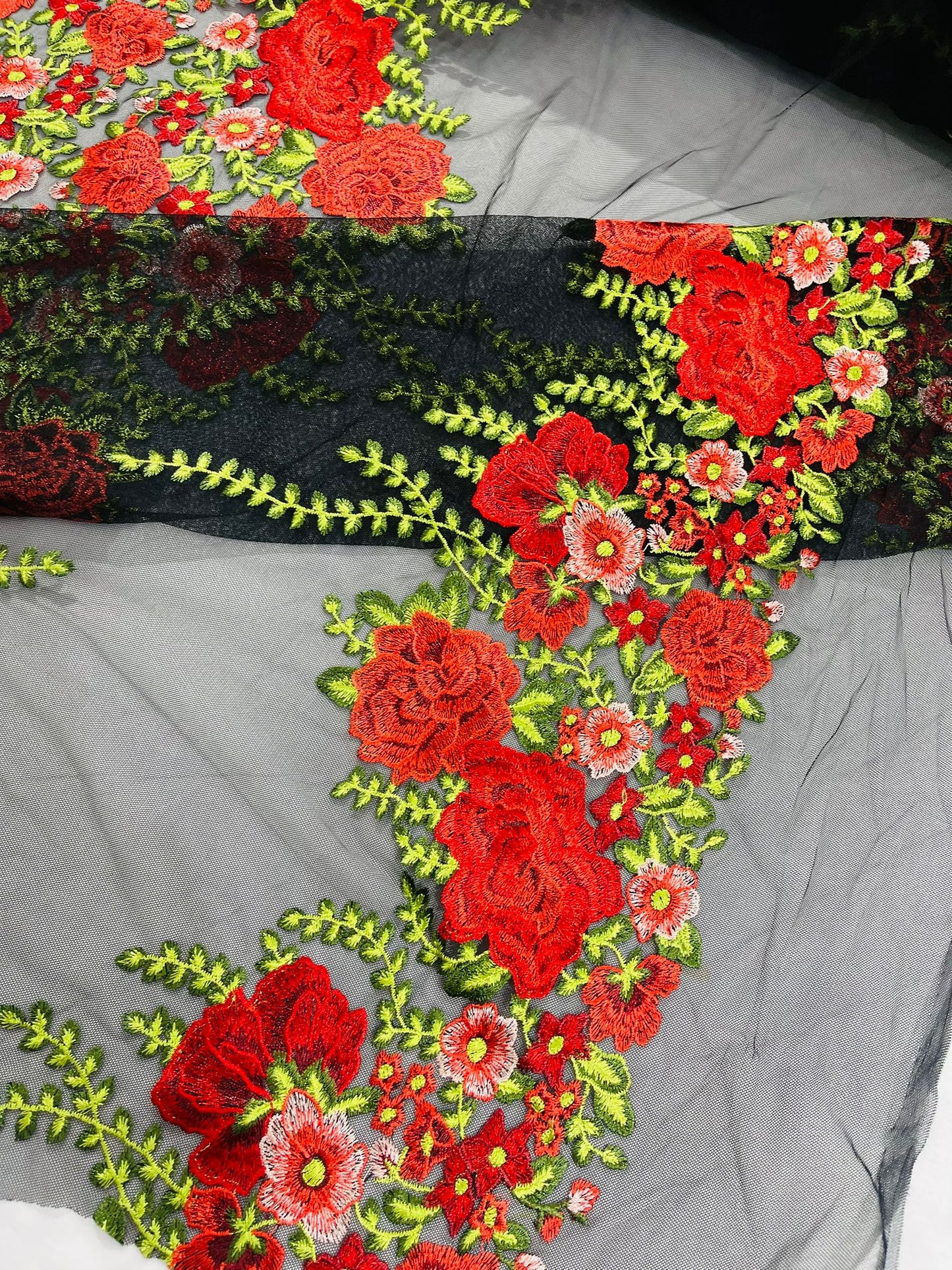 Roses Multi Color Floral Design Embroider On Mesh Lace Fabric| New Creations Fabric & Foam Inc.