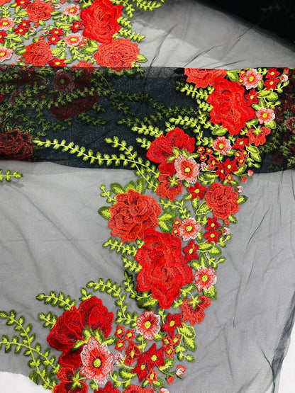 Roses Multi Color Floral Design Embroider On Mesh Lace Fabric| New Creations Fabric & Foam Inc.