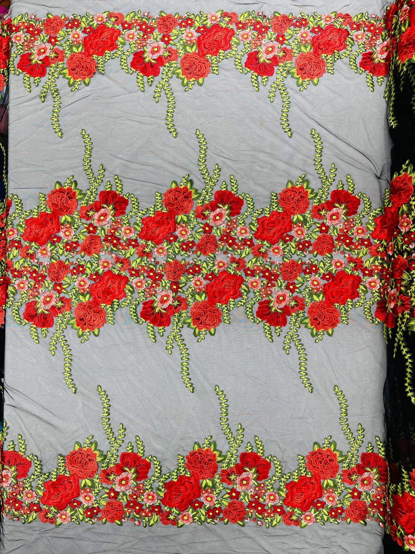 Roses Multi Color Floral Design Embroider On Mesh Lace Fabric| New Creations Fabric & Foam Inc.