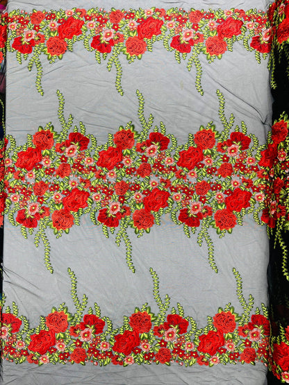 Roses Multi Color Floral Design Embroider On Mesh Lace Fabric| New Creations Fabric & Foam Inc.