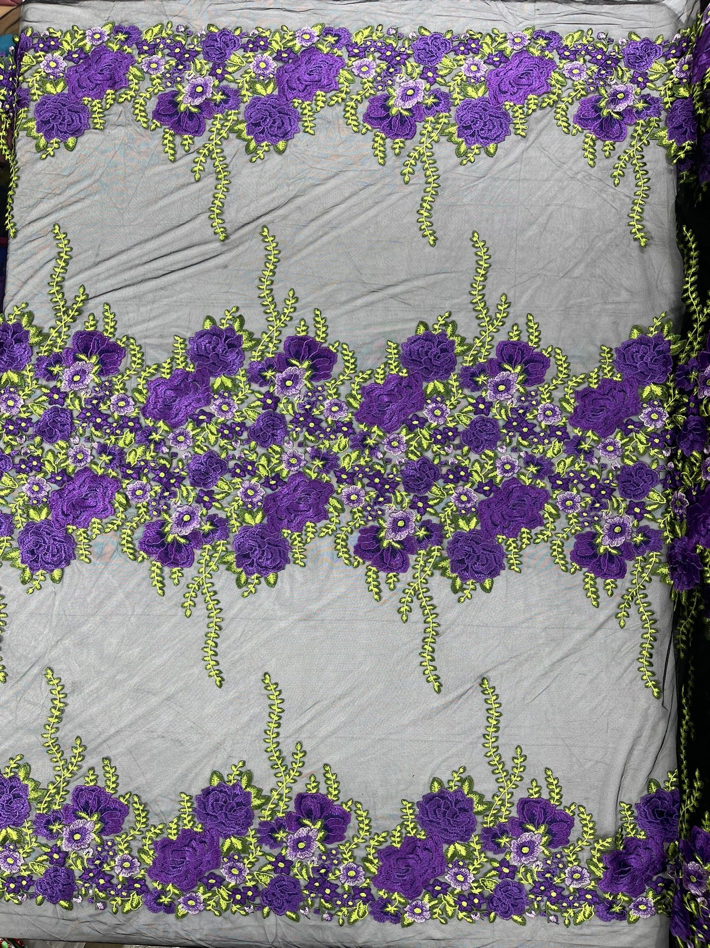 Roses Multi Color Floral Design Embroider On Mesh Lace Fabric| New Creations Fabric & Foam Inc.