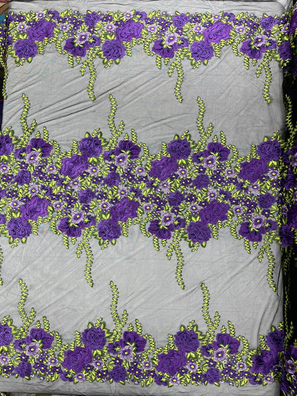 Roses Multi Color Floral Design Embroider On Mesh Lace Fabric| New Creations Fabric & Foam Inc.