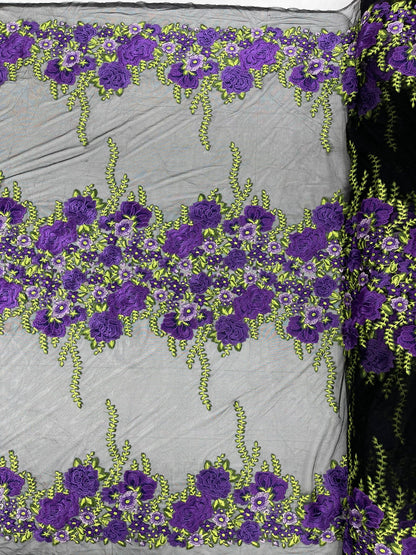Roses Multi Color Floral Design Embroider On Mesh Lace Fabric| New Creations Fabric & Foam Inc.