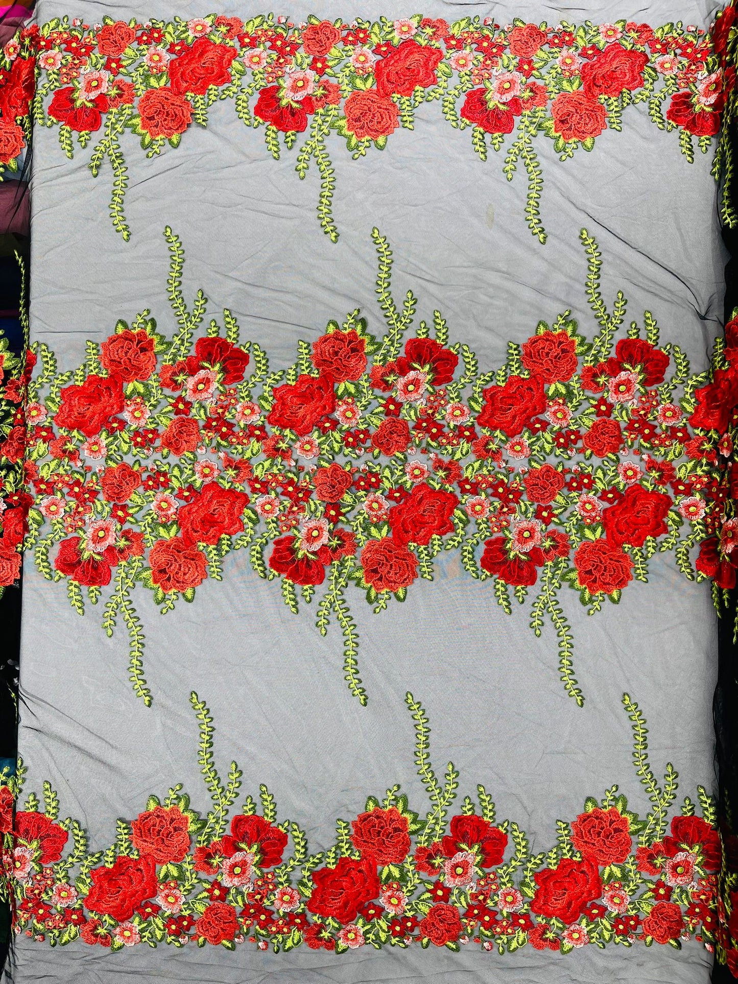 Roses Multi Color Floral Design Embroider On Mesh Lace Fabric| New Creations Fabric & Foam Inc.