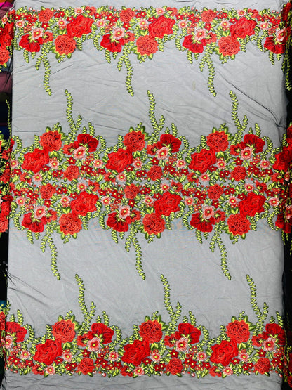 Roses Multi Color Floral Design Embroider On Mesh Lace Fabric| New Creations Fabric & Foam Inc.