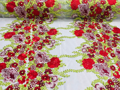 Roses Multi Color Floral Design Embroider On Mesh Lace Fabric| New Creations Fabric & Foam Inc.