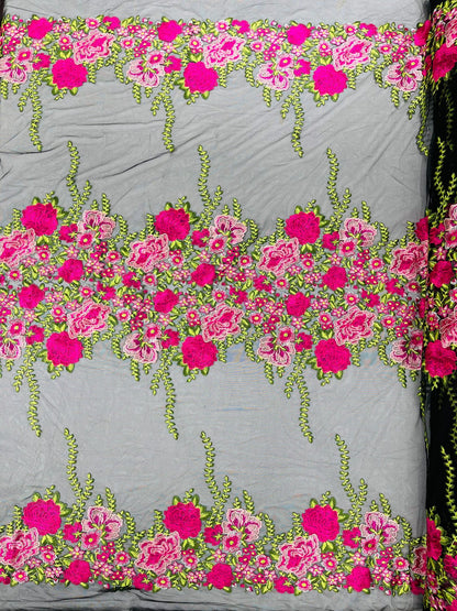 Roses Multi Color Floral Design Embroider On Mesh Lace Fabric| New Creations Fabric & Foam Inc.
