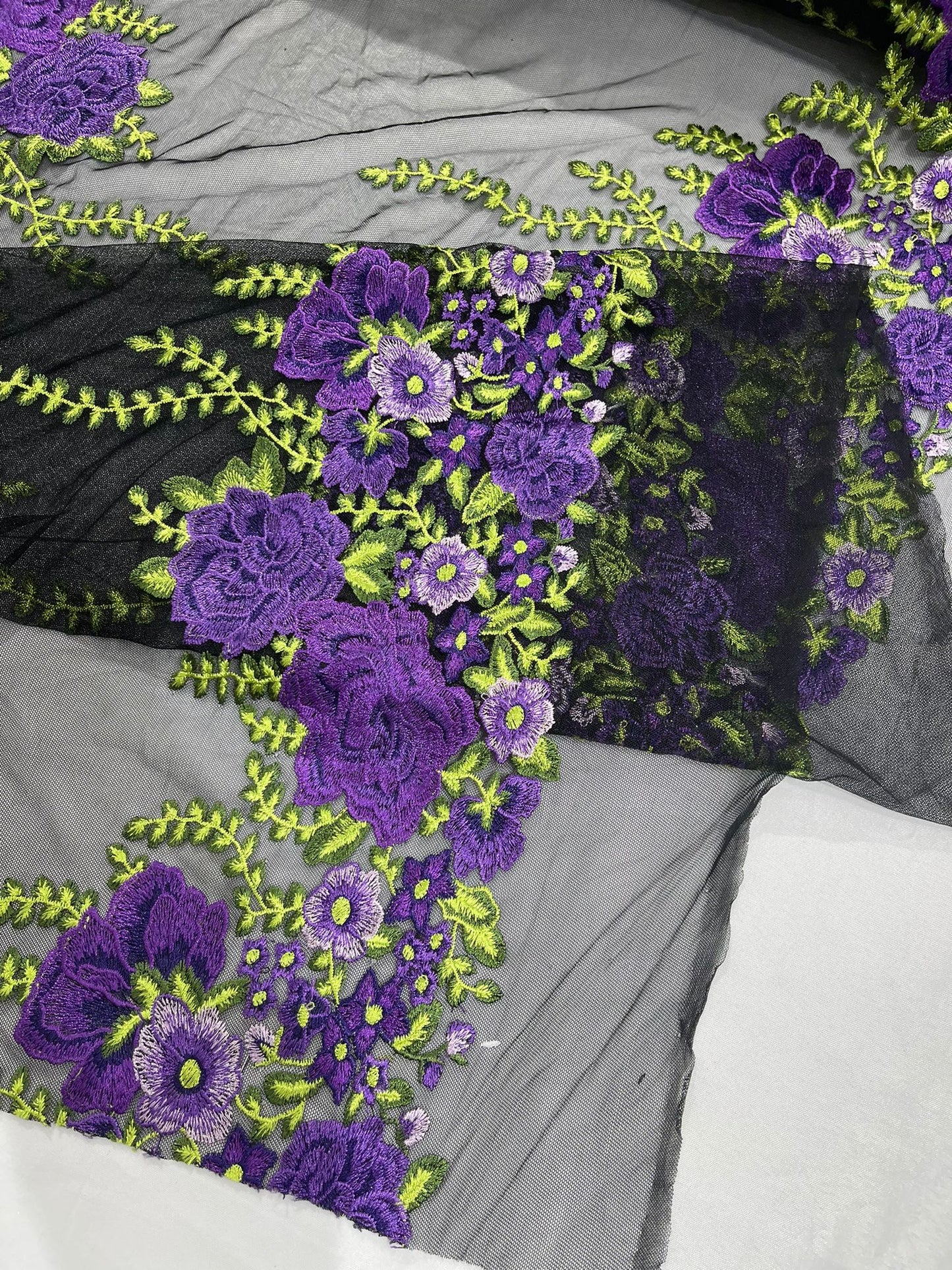 Roses Multi Color Floral Design Embroider On Mesh Lace Fabric| New Creations Fabric & Foam Inc.