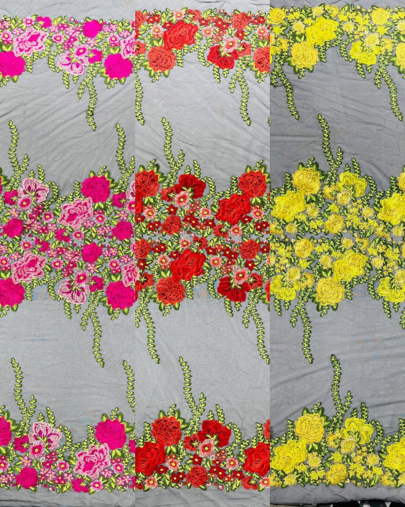 Roses Multi Color Floral Design Embroider On Mesh Lace Fabric| New Creations Fabric & Foam Inc.