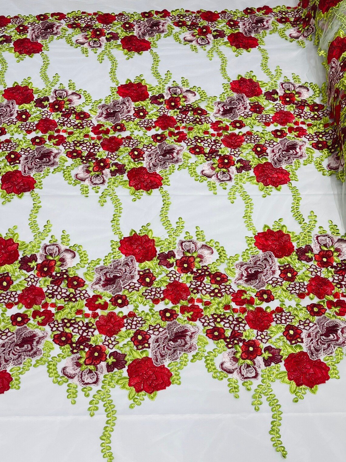 Roses Multi Color Floral Design Embroider On Mesh Lace Fabric| New Creations Fabric & Foam Inc.