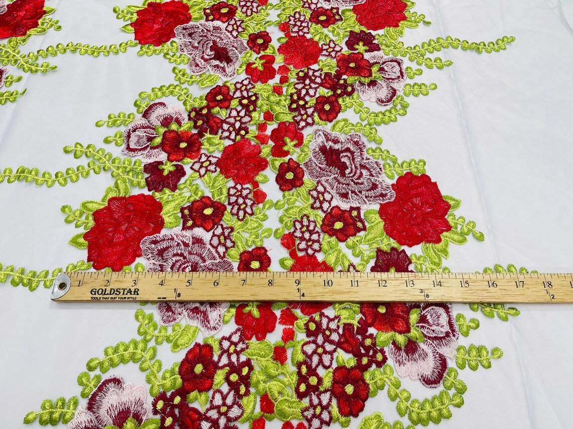 Roses Multi Color Floral Design Embroider On Mesh Lace Fabric| New Creations Fabric & Foam Inc.